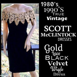 ▪️VTG▪️SCOTT McCLINTOCK▪️80's 90's Gold Lace Black Velvet Wiggle Dress